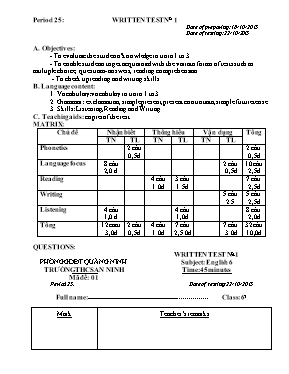 Giáo án Tiếng Anh Lớp 6 - Tiết 25 Kiểm tra 1 tiết - Năm học 2015-2016
